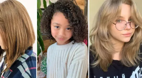 Tres estilos de cortes de pelo para niña de 10 años: bob liso, rizos naturales y melena escalada.