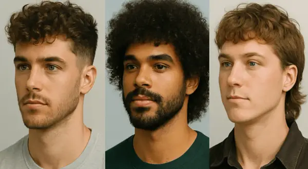 Tres hombres con estilos de cabello diferentes: un moderno corte de pelo rizado hombre, afro y mullet.