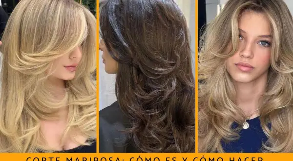 Tres mujeres con pelo largo y capas voluminosas. El corte mariposa da movimiento y estilo, ideal para melenas largas.