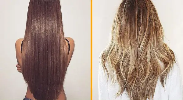 Dos estilos de cabello: liso y oscuro con corte en pico, y rubio ondulado con capas.