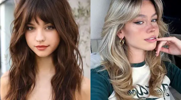Dos mujeres con estilos de cabello wolf cut. Una con pelo castaño ondulado y flequillo, la otra con pelo rubio con capas y flequillo.