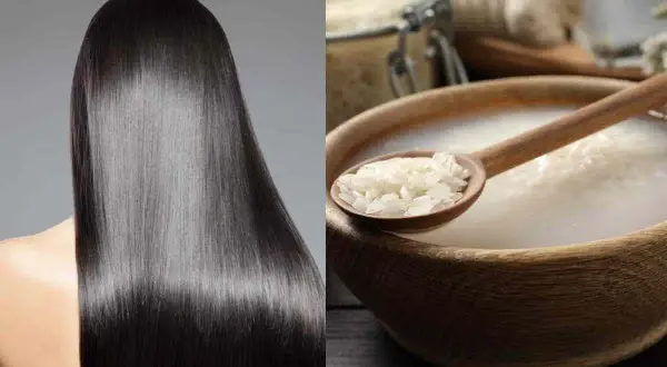 Cabello largo y sedoso junto a un cuenco con agua de arroz para el pelo, mostrando sus beneficios naturales.