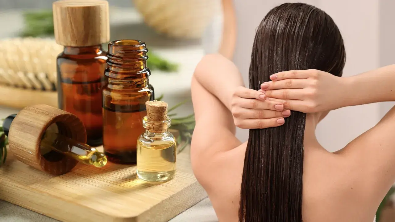 Aceite de romero para el pelo, aplicado en cabello largo y oscuro. Botellas de aceite y ramitas de romero al lado.