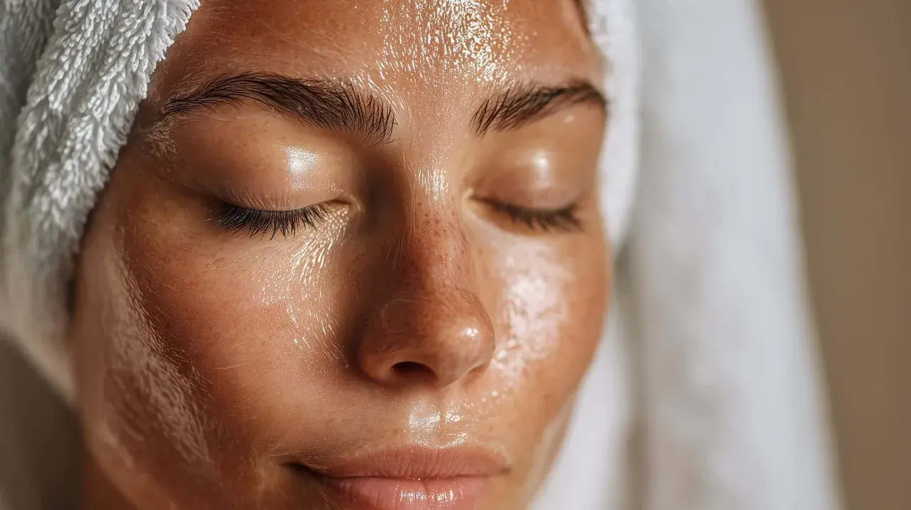Rostro con toalla en la cabeza, piel brillante y húmeda, con gotas de agua. Un primer plano que inspira cómo mejorar la piel de la cara.