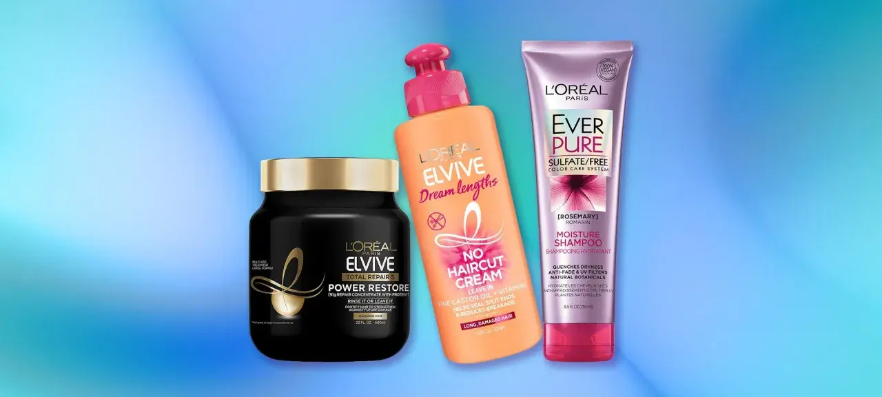 Tres productos L'Oréal para saber como hidratar el pelo: mascarilla Elvive Power Restore, crema sin aclarado Elvive Dream Lengths y champú Ever Pure Moisture.
