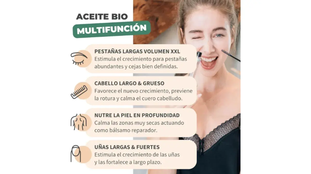 Aceite bio multifunción para pestañas, cabello, piel y uñas. ¡Descubre el poder del aceite de ricino para la cara y más!