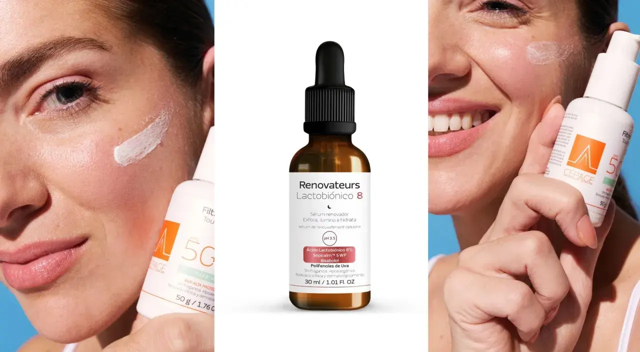 Mujer sonriente aplica sérum con ácido lactobiónico. Piel radiante y cuidada.