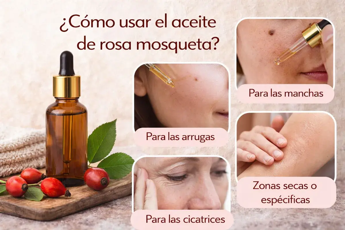 Aceite de rosa mosqueta en frasco, con frutos y hojas. Muestra su uso para arrugas, manchas, cicatrices y zonas secas.