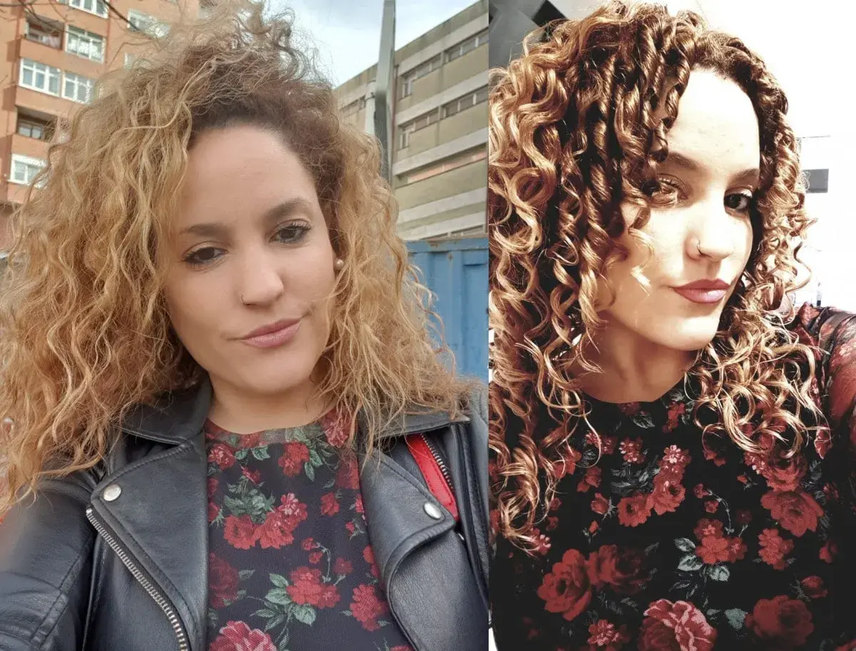 Comparativa del método curly: antes, cabello más suelto y menos definido; después, rizos marcados y voluminosos.