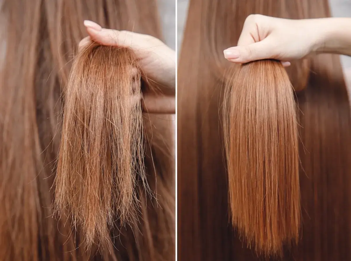 Antes y después de una repolarización capilar en casa. Cabello dañado y seco vs. cabello liso y brillante.