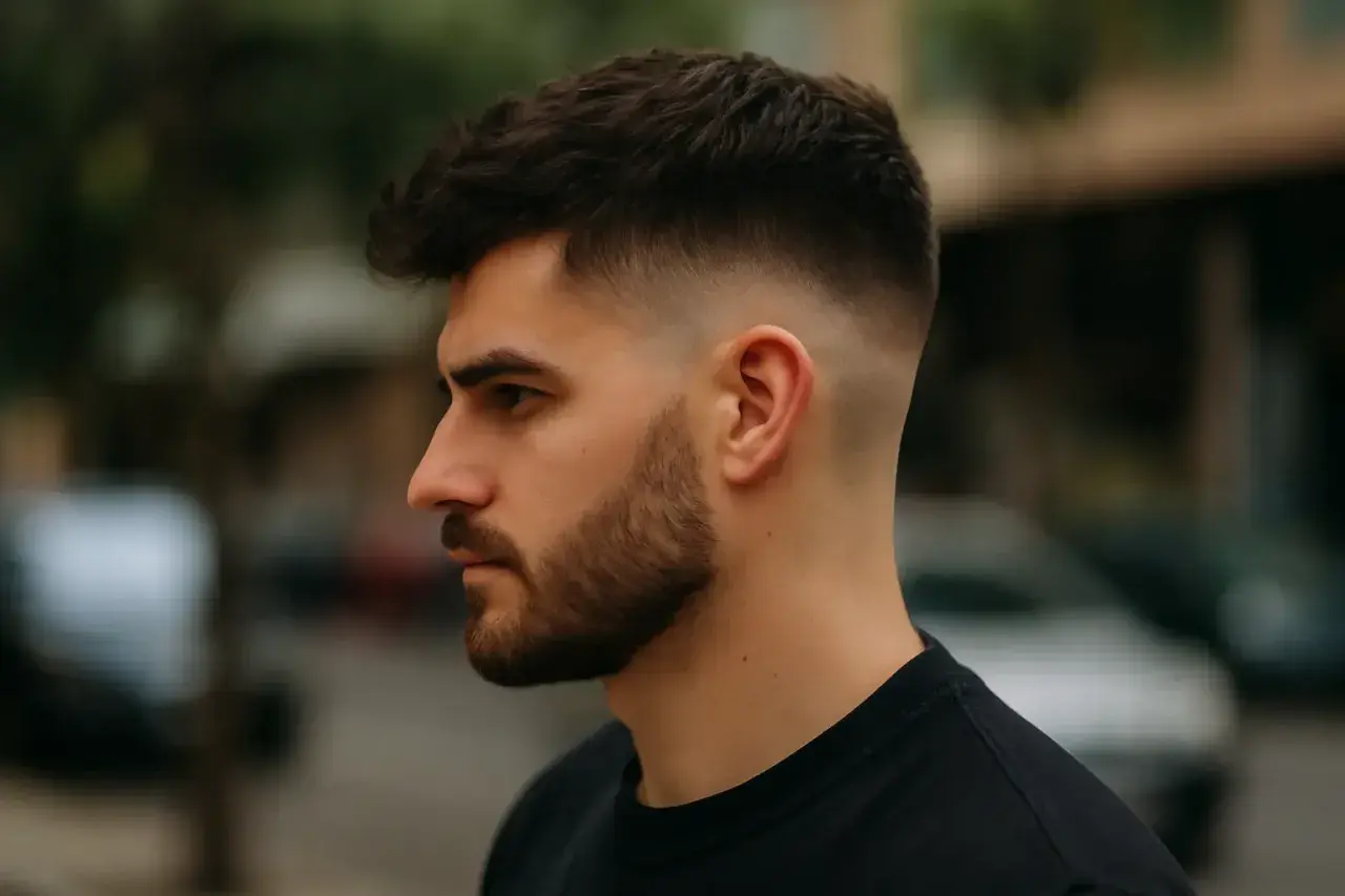 Hombre con barba y un corte de pelo moderno, un taper fade medio que se difumina suavemente hacia la nuca.