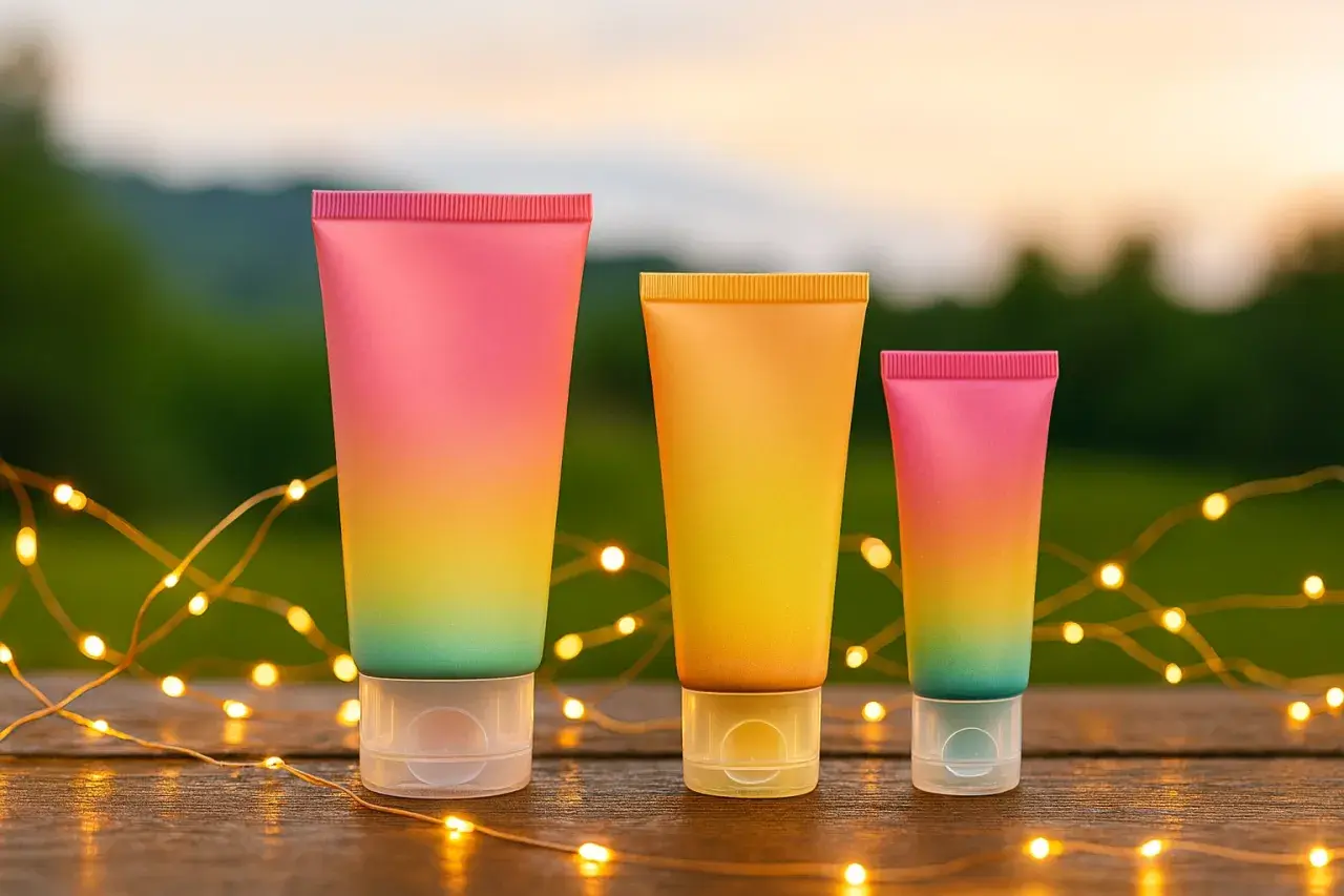 Tres tubos de cremas sin parabenos ni siliconas ni sulfatos, con degradado de colores, iluminados por luces cálidas.