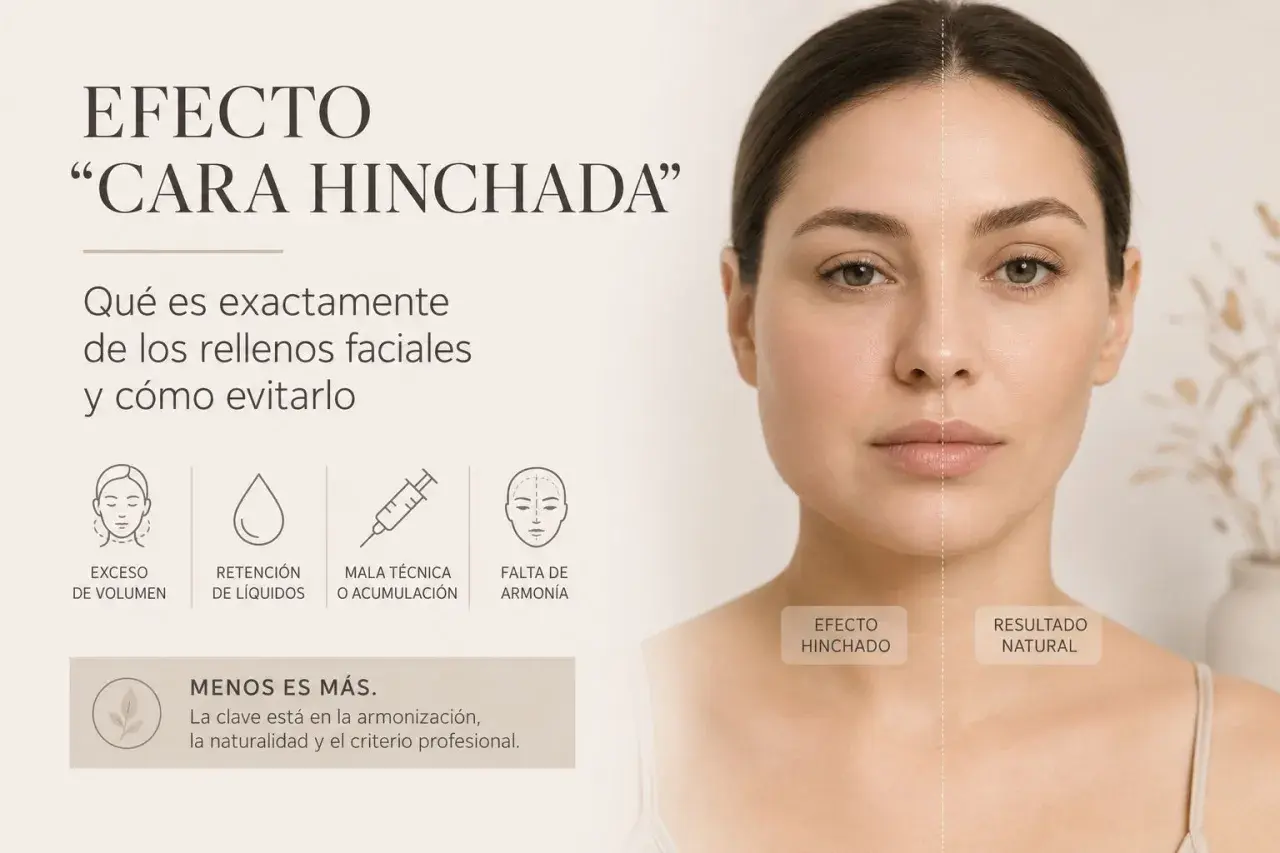 La imagen muestra un antes y después de un tratamiento facial, comparando un "efecto cara hinchada" con un "resultado natural". Se explican las causas de la cara hinchada.