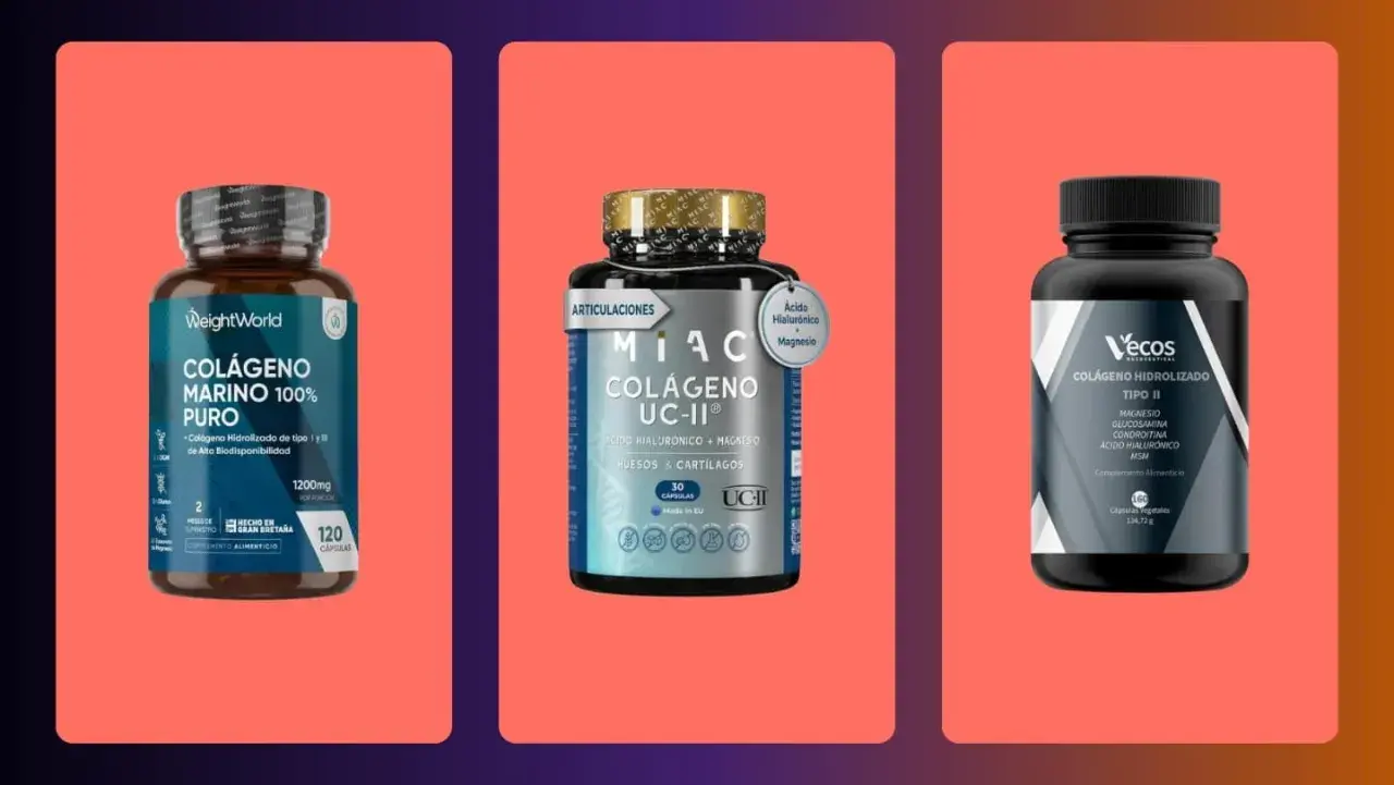 Tres botes de suplementos de colágeno: marino puro, UC-II con ácido hialurónico y magnesio, y colágeno hidrolizado tipo II. Tomar colágeno es bueno para las articulaciones.