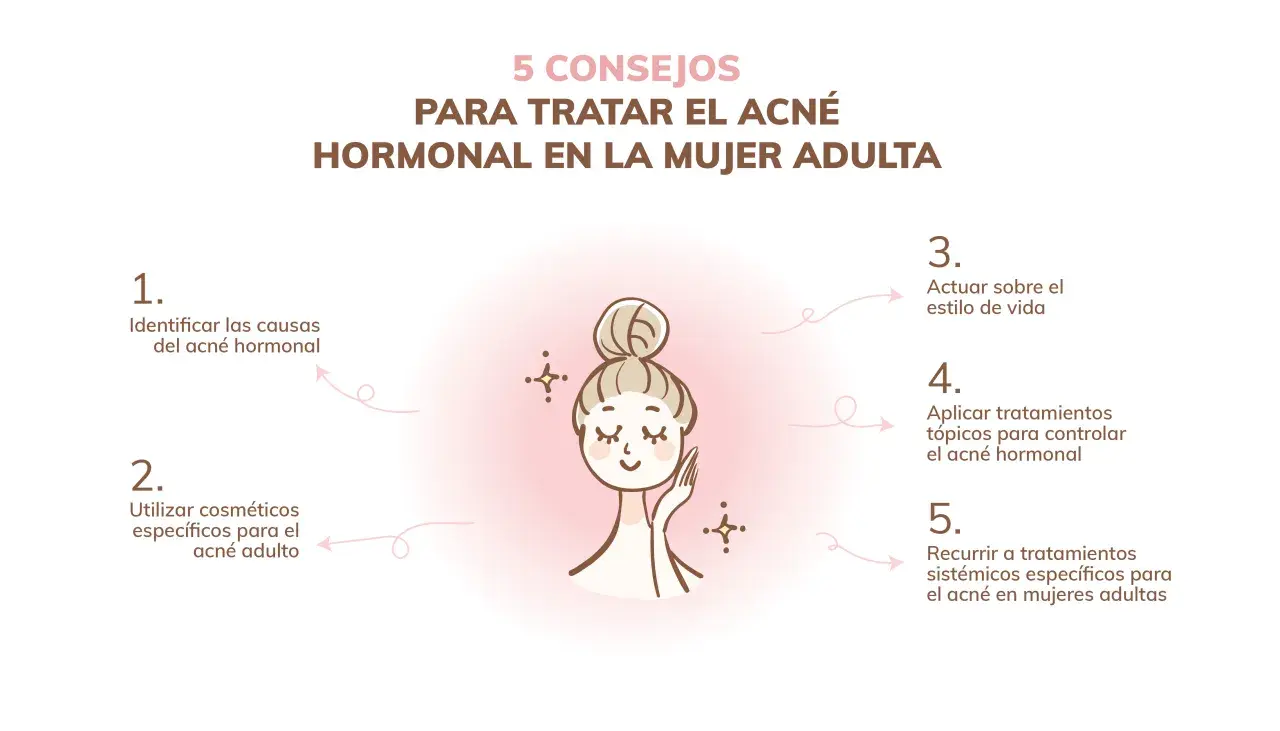 Cinco consejos para tratar el acné hormonal en mujeres adultas: identificar causas, usar cosméticos específicos, actuar sobre el estilo de vida, aplicar tratamientos tópicos y sistémicos.