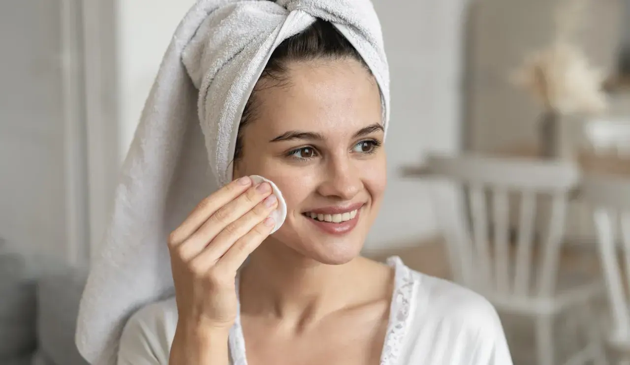Mujer sonriente con toalla en la cabeza, aplicándose un disco de algodón en la mejilla. Un ejemplo de limpieza facial antes y después.