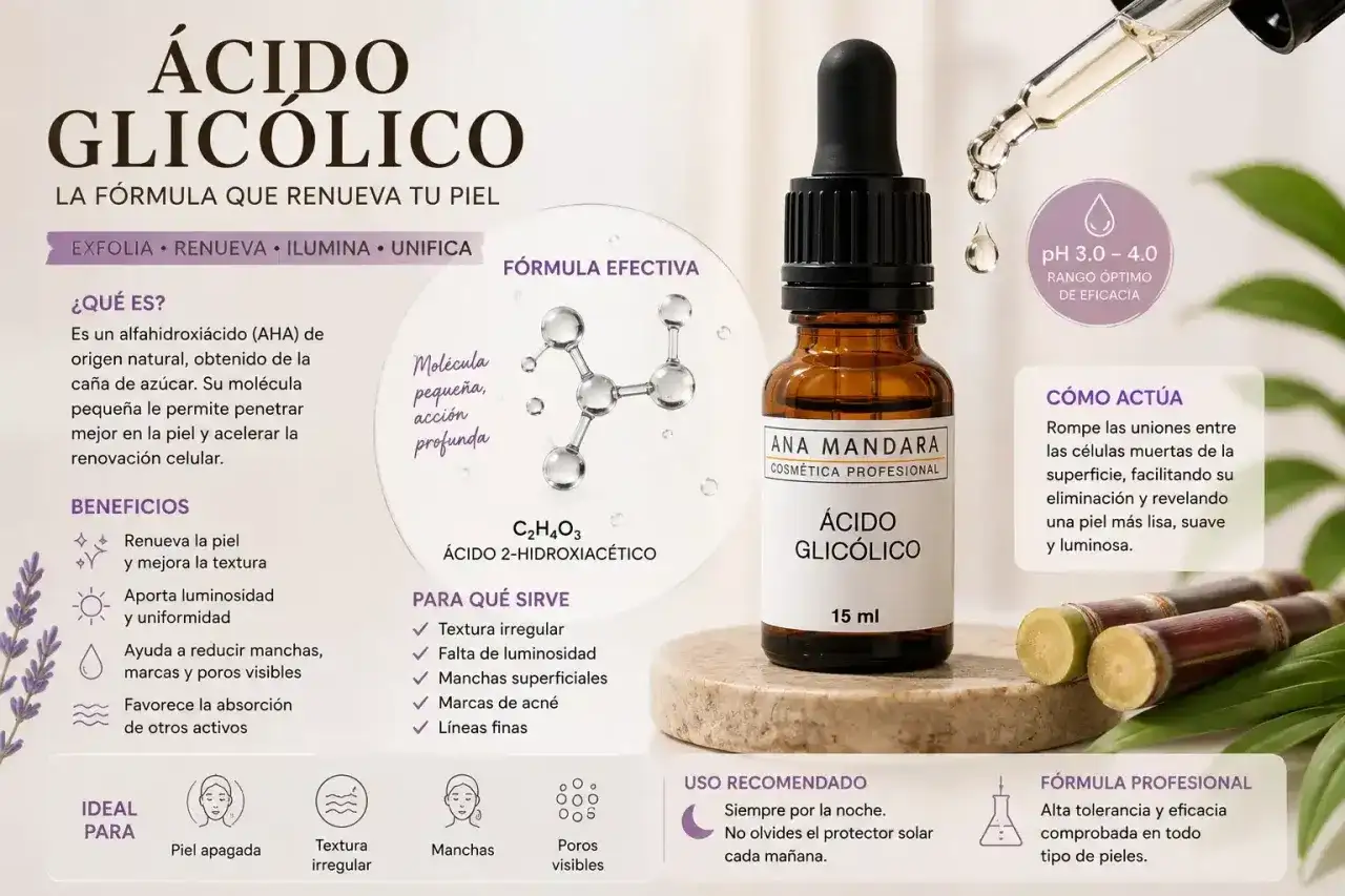 Sérum de ácido glicólico en frasco con gotero. Renueva, ilumina y unifica la piel, ideal para textura irregular y manchas.
