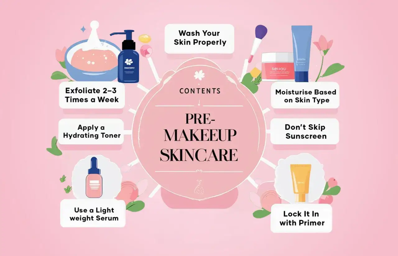Rutina de pre-maquillaje: cómo saber qué tipo de piel tengo y cuidarla. Incluye limpieza, exfoliación, tónico, sérum, hidratación, protector solar y primer.