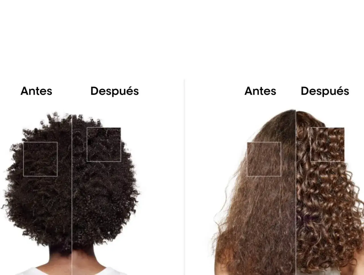 Antes y después de la repolarización capilar: cabello rizado y liso transformado.