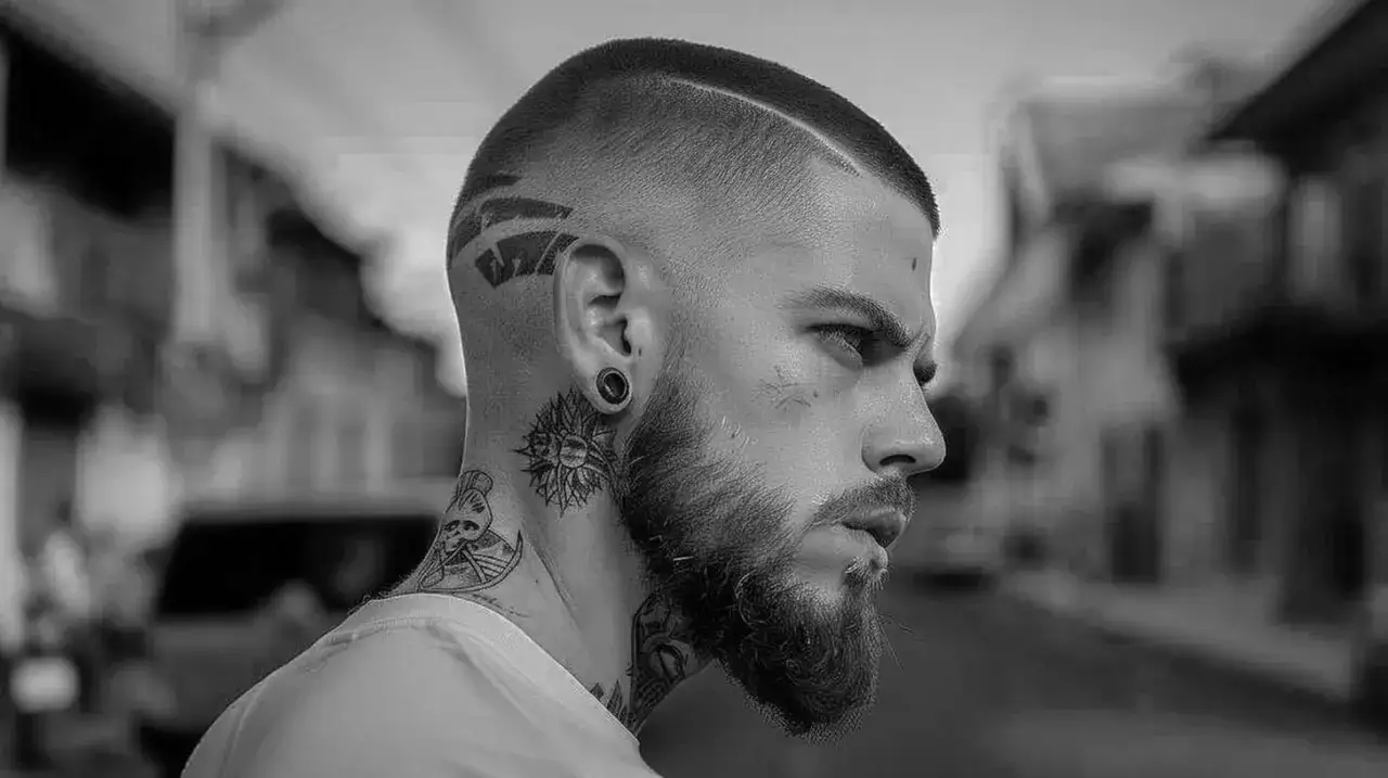 Hombre con un buzz cut corto y tatuajes en el cuello y la cabeza.