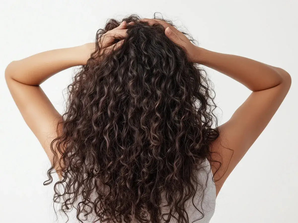 Mujer con cabello rizado oscuro, mostrando la parte trasera de su cabeza y brazos. Ideal para ilustrar el m&eacute;todo curly pasos.
