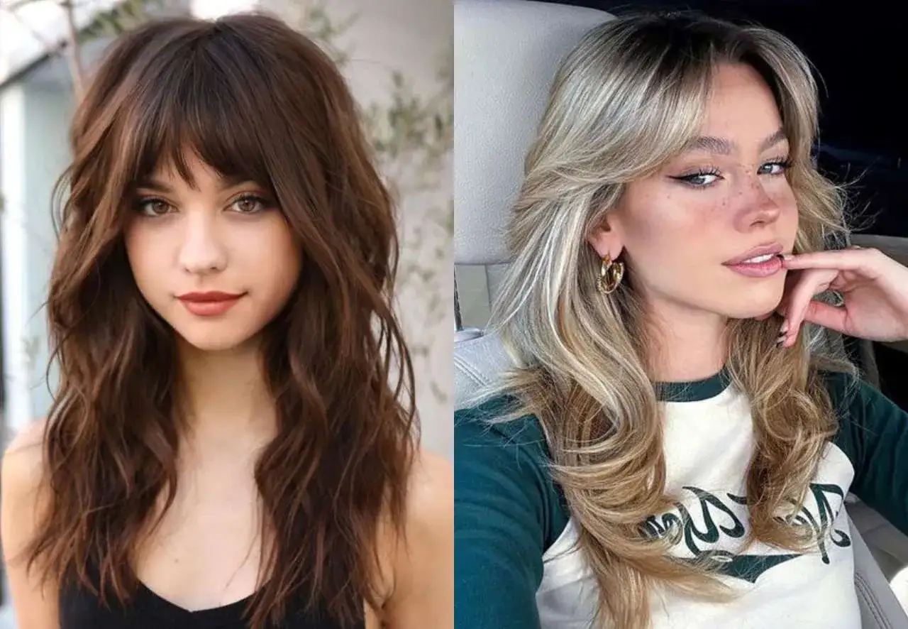 Dos mujeres con el corte wolf cut: una con pelo castaño ondulado y flequillo, la otra con pelo rubio con capas y flequillo.