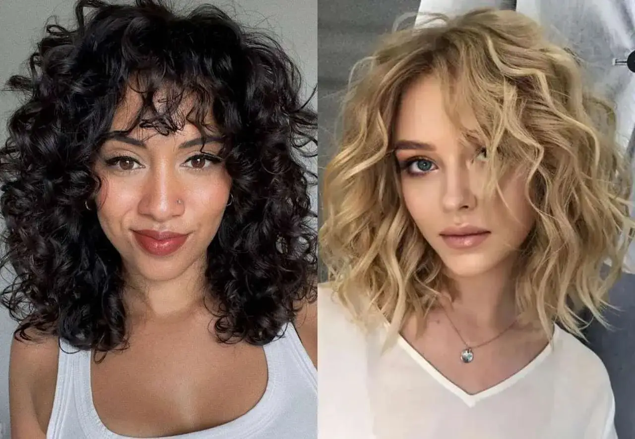 Dos mujeres con media melena ondulada natural. Una morena con rizos definidos y otra rubia con ondas suaves.