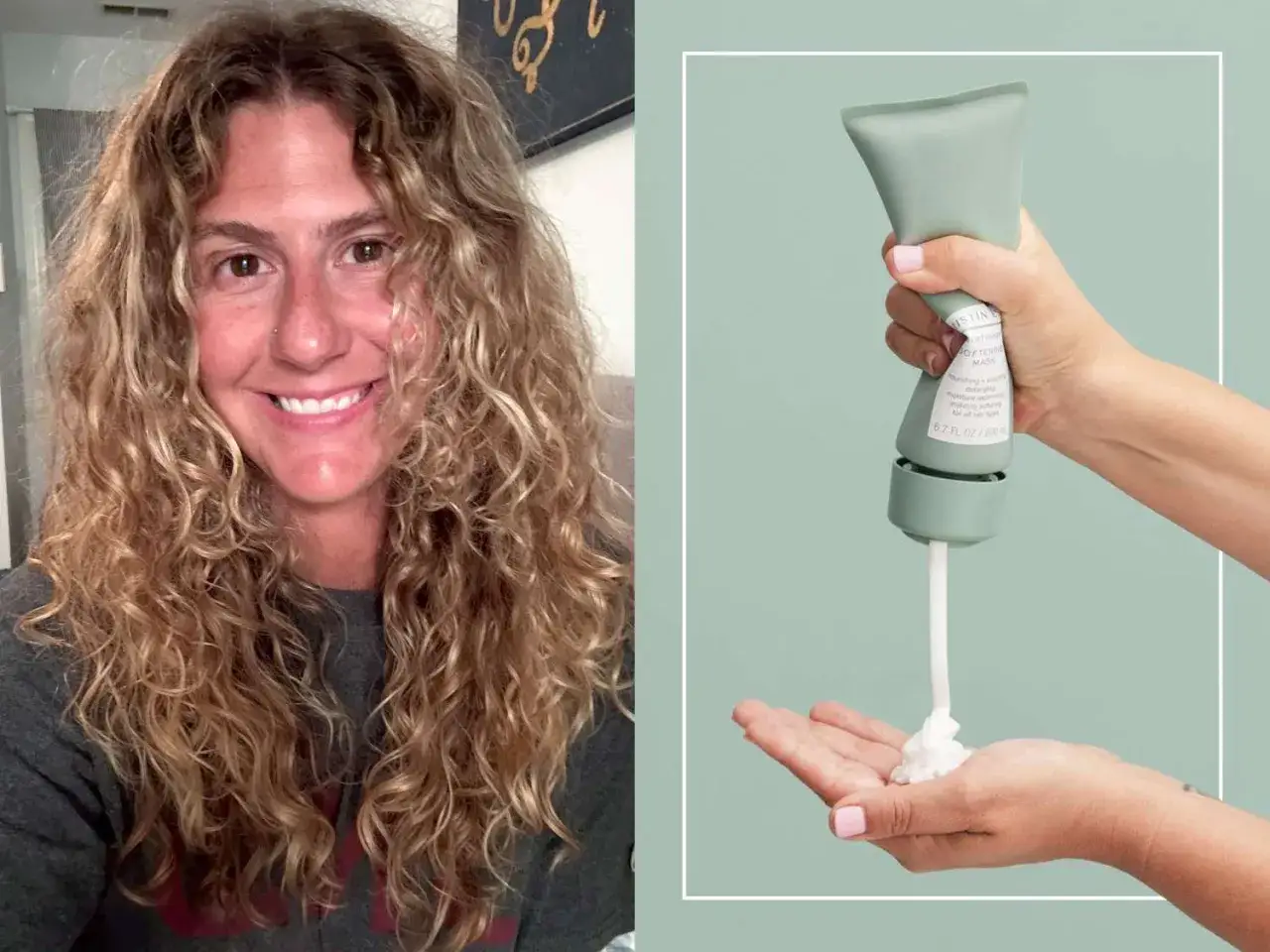 Mujer sonriente con cabello rizado y producto para el cabello, ideal para el metodo curlt.