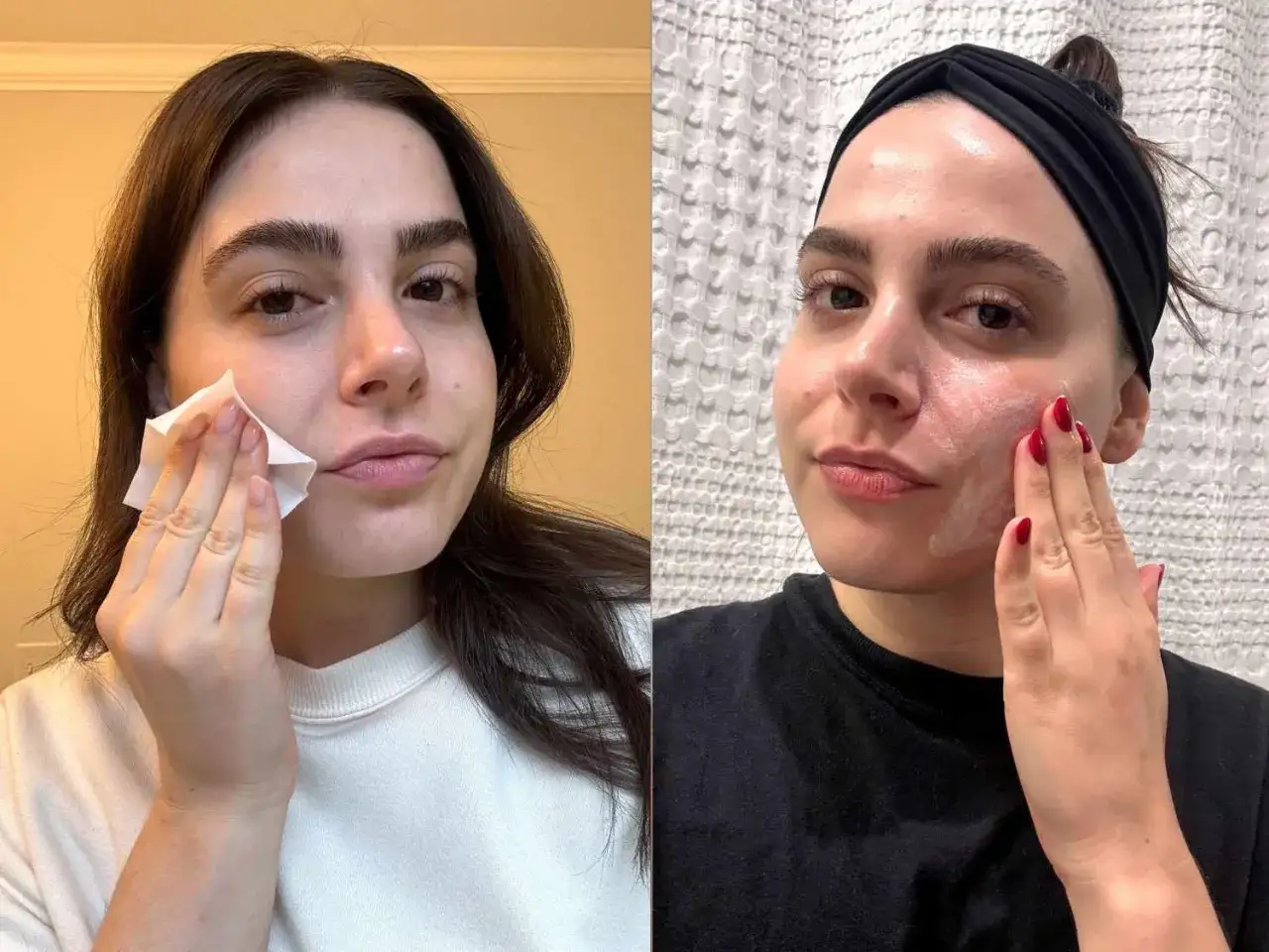 Rutina para como quitar los puntos negros de la nariz: limpieza facial con toallita y aplicación de espuma limpiadora.