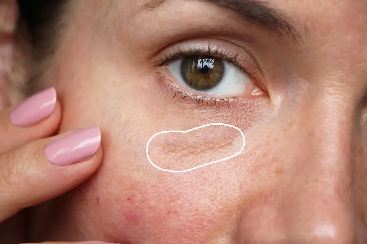 Primer plano de la piel con quistes de milium bajo el ojo, resaltados con un círculo blanco.