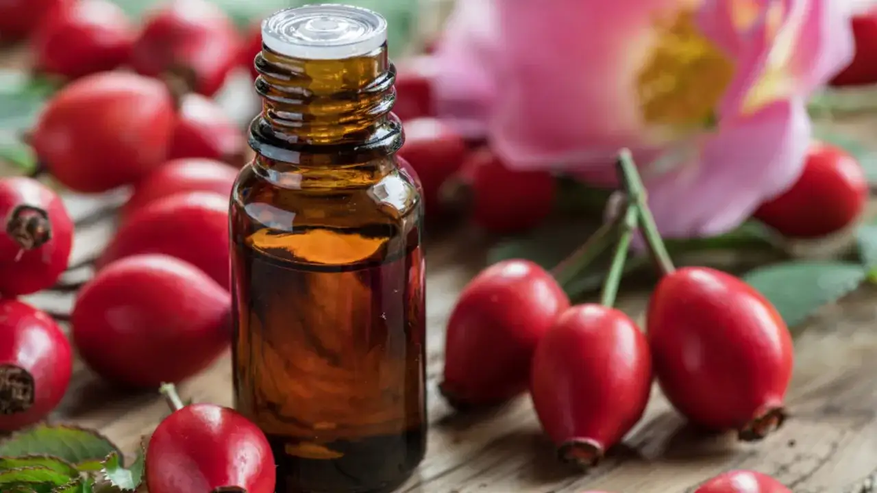 Aceite de rosa mosqueta en frasco ámbar, rodeado de frutos rojos y una flor rosa sobre madera.