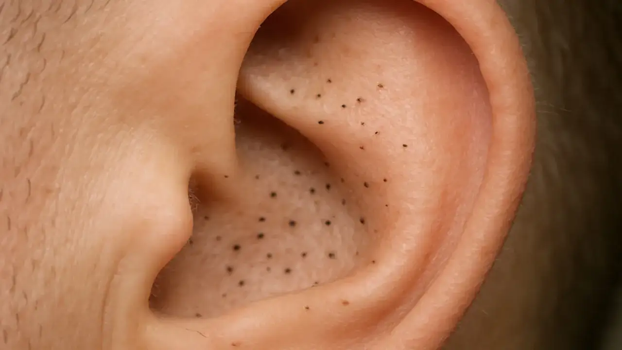 Primer plano de una oreja con muchos puntos negros pequeños.