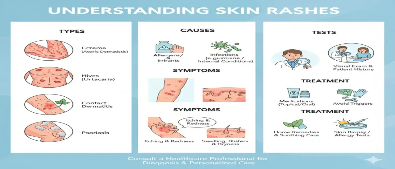 Infografía sobre erupciones cutáneas: tipos (eccema, urticaria, dermatitis de contacto, psoriasis), causas (alérgenos, infecciones), síntomas (picazón, enrojecimiento, hinchazón, ampollas, sequedad) y tratamientos (medicamentos, evitar desencadenantes,...