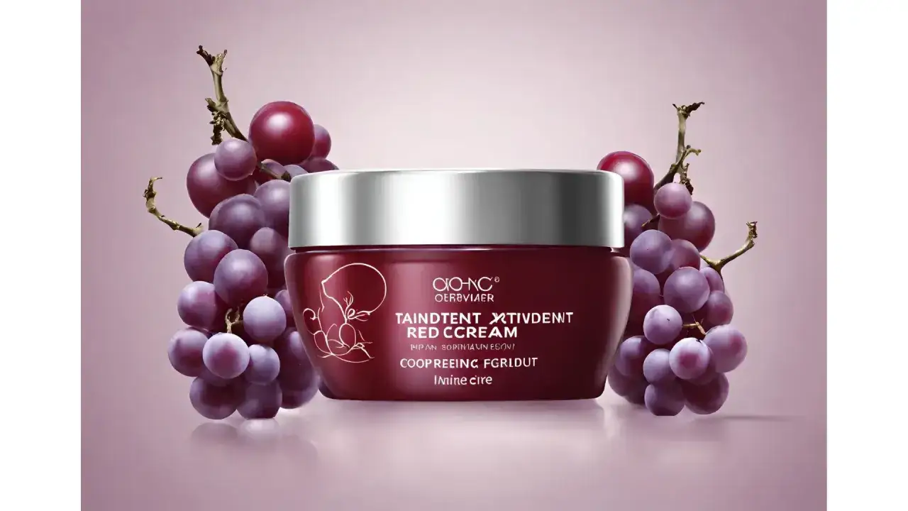 Crema roja con uvas. El resveratrol, ingrediente clave, se asocia con beneficios, pero considera las resveratrol contraindicaciones.