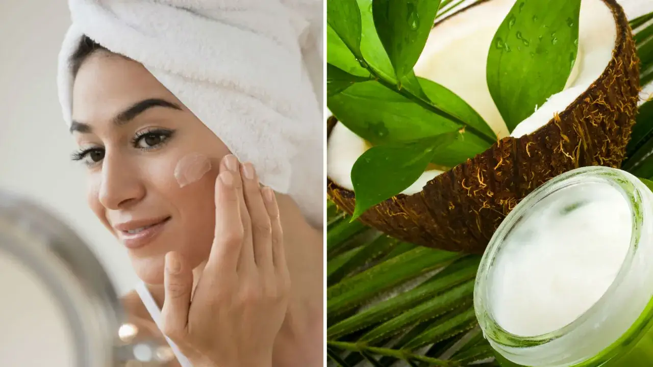 Mujer aplic&aacute;ndose crema en la cara, junto a un coco y un tarro de aceite de coco para la cara.