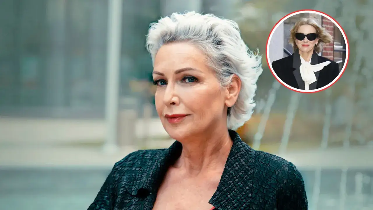 Mujer con pelo corto blanco moderno, mirada intensa y chaqueta texturizada. Un c&iacute;rculo insertado muestra otra imagen de ella con gafas de sol y traje.