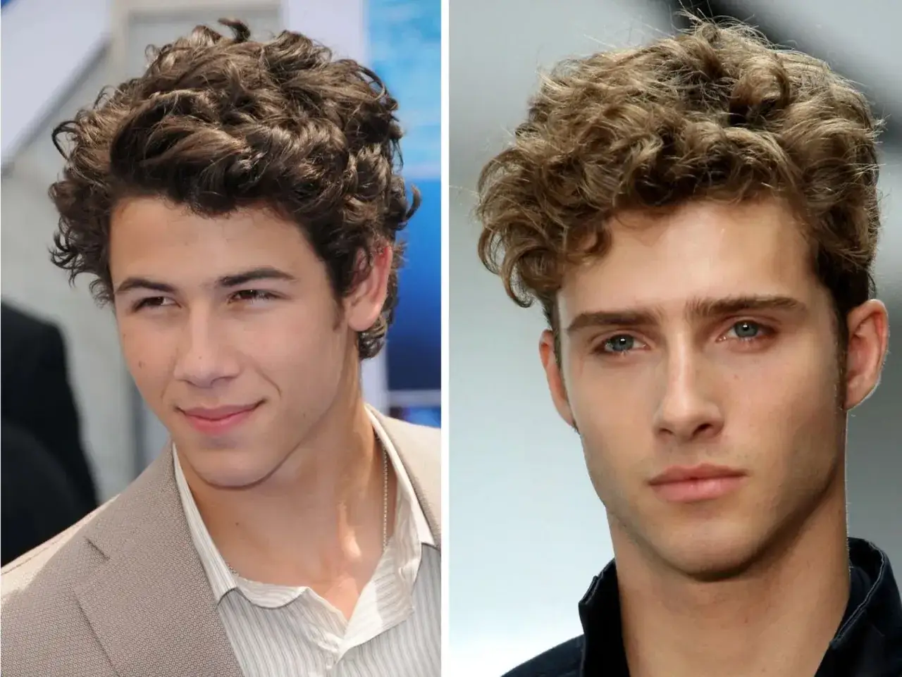 Dos hombres con un moderno corte de pelo rizado. El de la izquierda, con cabello castaño oscuro, sonríe. El de la derecha, con cabello rubio, mira fijamente.