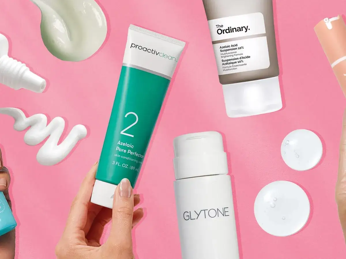 Productos de cuidado de la piel con ácido azealaico, incluyendo The Ordinary y Proactiv.