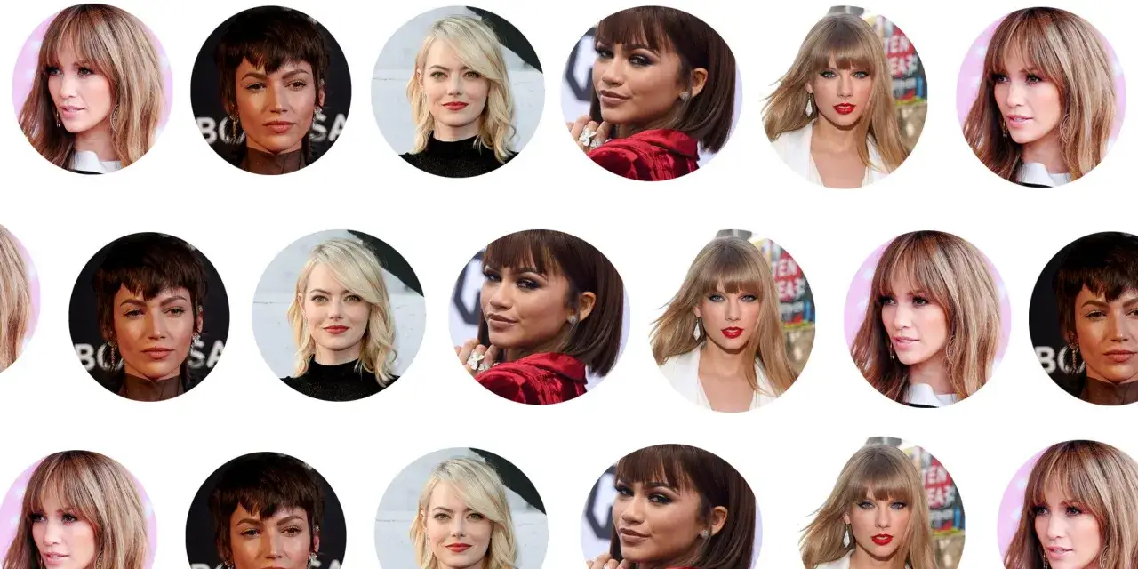 Variedad de tipos de flequillo en retratos circulares de celebridades: rectos, desfilados y con capas.