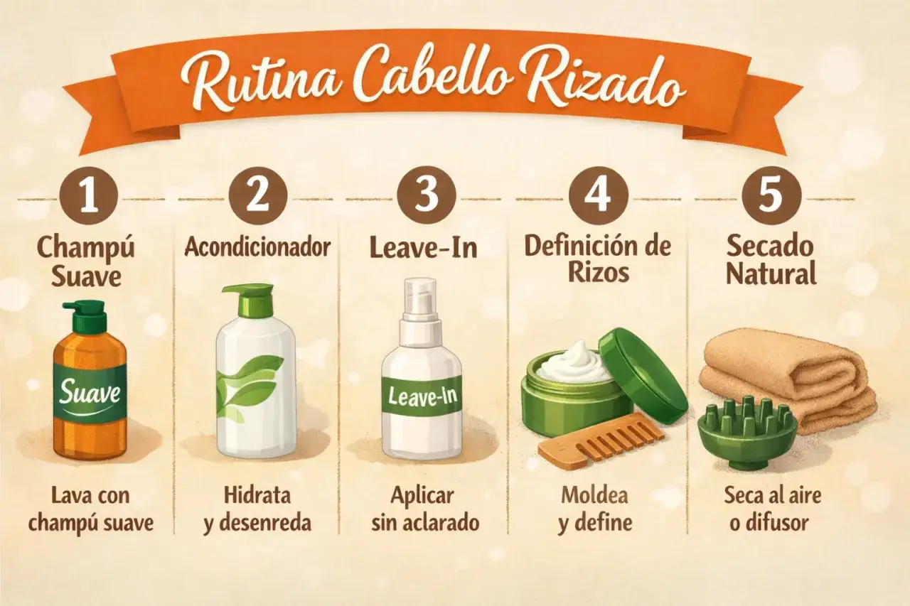 Rutina Cabello Rizado: 5 pasos para definir tus rizos. Champú suave, acondicionador, leave-in, definición y secado natural. ¡Sigue el método curly!