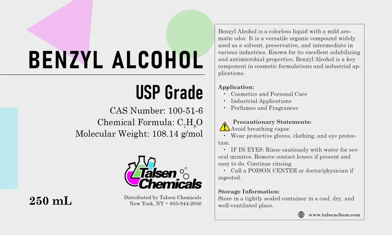 Frasco de 250 mL de alcohol bencílico, un ingrediente clave en cosméticos y cuidado del cabello.