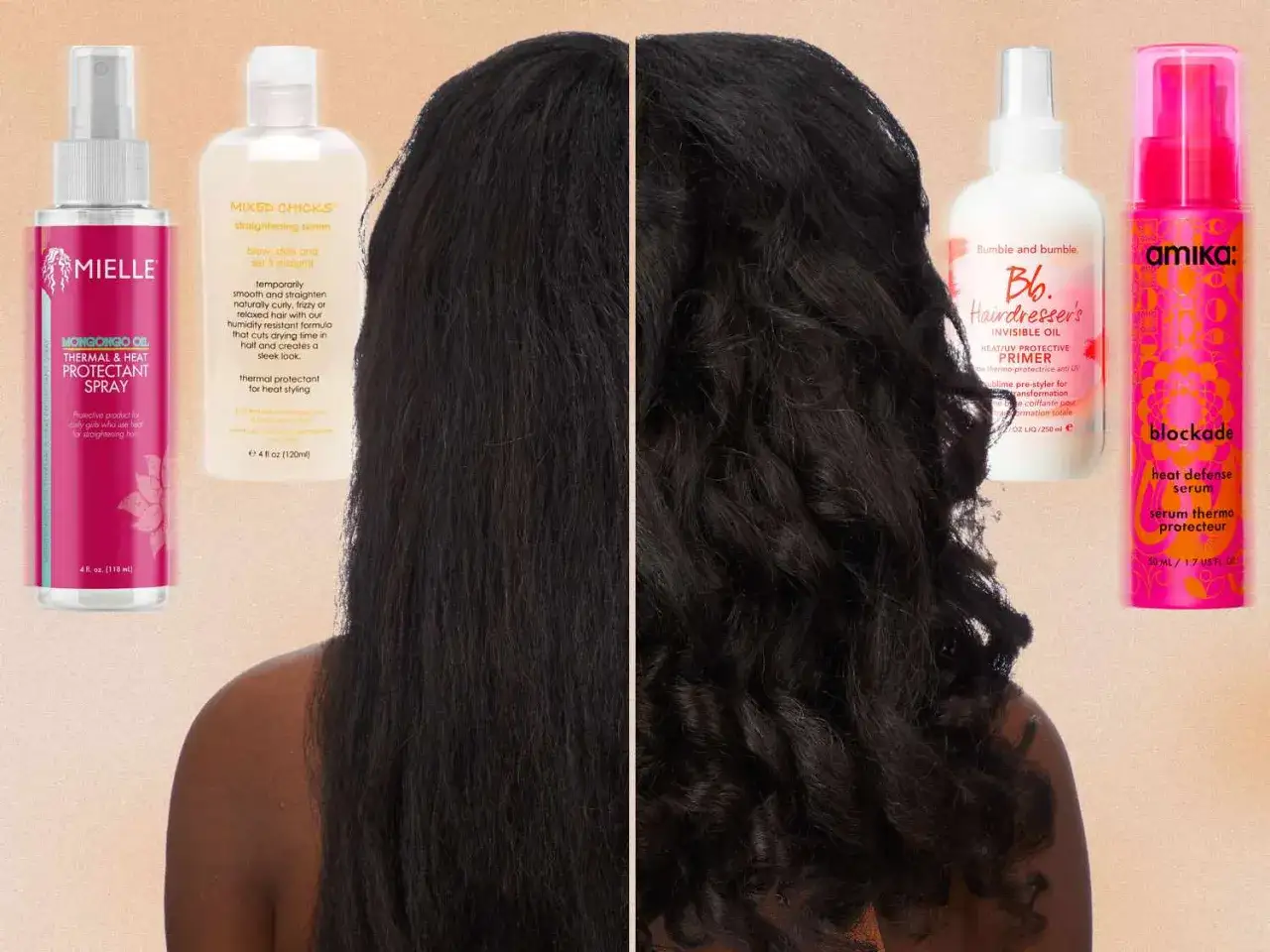 Cabello liso y sedoso tras usar protectores t&eacute;rmicos. El antes muestra pelo estufado y rizado, el despu&eacute;s, liso y brillante.