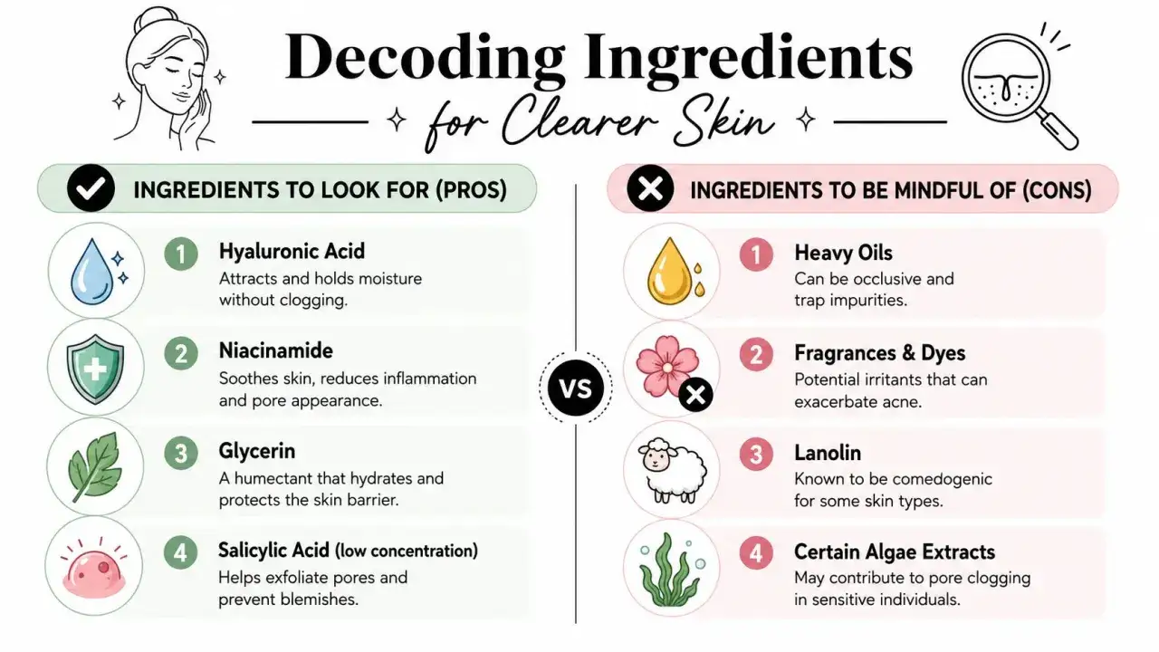 Lista de ingredientes para piel clara: pros (ácido hialurónico, niacinamida, glicerina, ácido salicílico) y contras (aceites pesados, fragancias, lanolina, algas). Evita lo comedogénico.