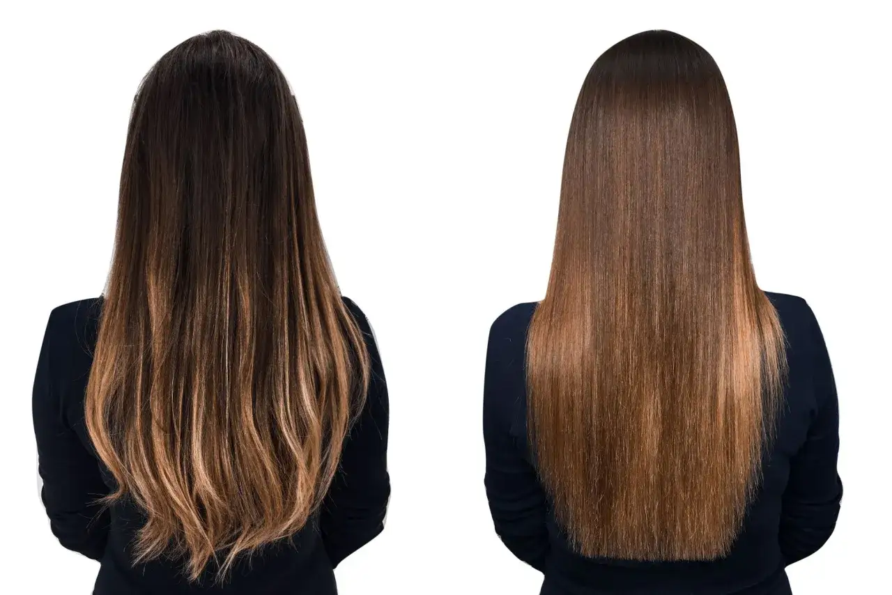 Antes y después de una taninoplastia que es un tratamiento para alisar y nutrir el cabello, dejándolo brillante y manejable.