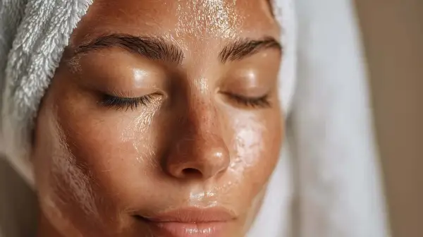 Rostro con toalla en la cabeza, piel brillante y húmeda, con gotas de agua. Un primer plano que inspira cómo mejorar la piel de la cara.