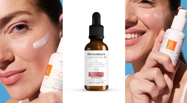 Mujer sonriente aplica sérum con ácido lactobiónico. Piel radiante y cuidada.