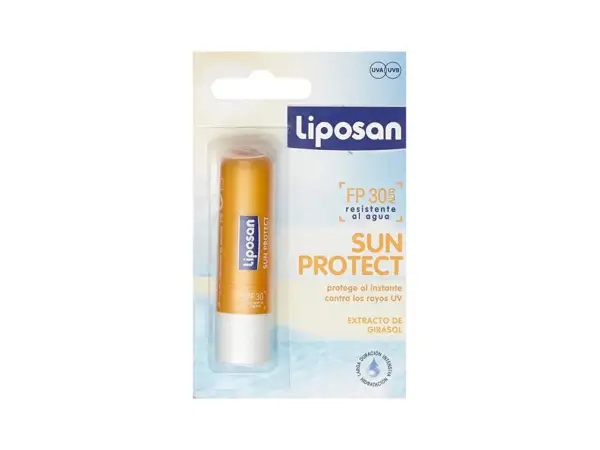 Bálsamo labial Liposan Sun Protect SPF 30, ideal para proteger tus labios quemados por el sol y mantenerlos hidratados.