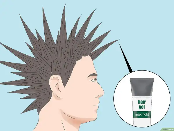 Un hombre con un peinado mohicano en pico, con puntas afiladas, y un tubo de gel para el cabello de fijación máxima.