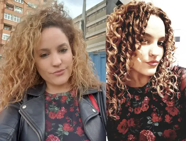 Comparativa del método curly: antes, cabello más suelto y menos definido; después, rizos marcados y voluminosos.