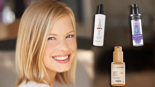 Mujer sonriente con cabello rubio, junto a productos para el pelo, humedad controlada.